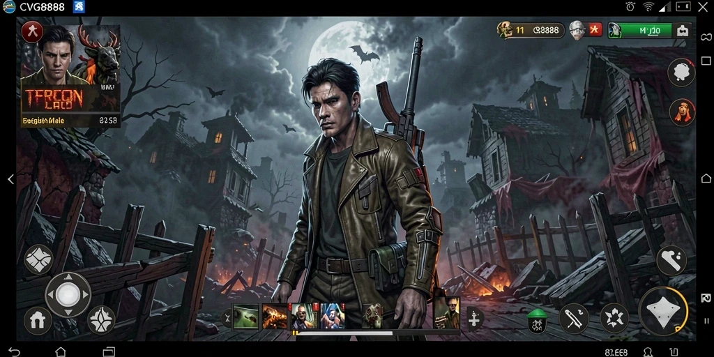 Screenshot gameplay CVG8888 menampilkan suasana menyeramkan dan makhluk kegelapan.
