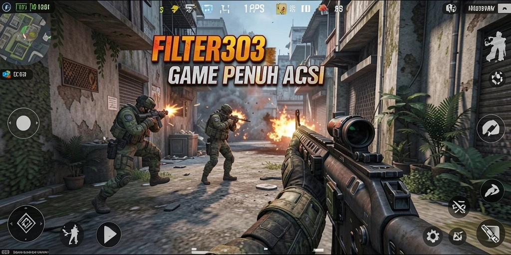 Tangkapan layar FILTER303 menampilkan aksi tembak-menembak yang intens di lingkungan yang realistis.
