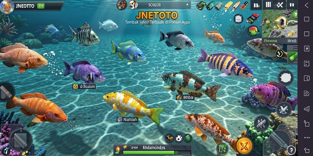 Tampilan gameplay seru dalam JNETOTO dengan berbagai ikan untuk ditembak.