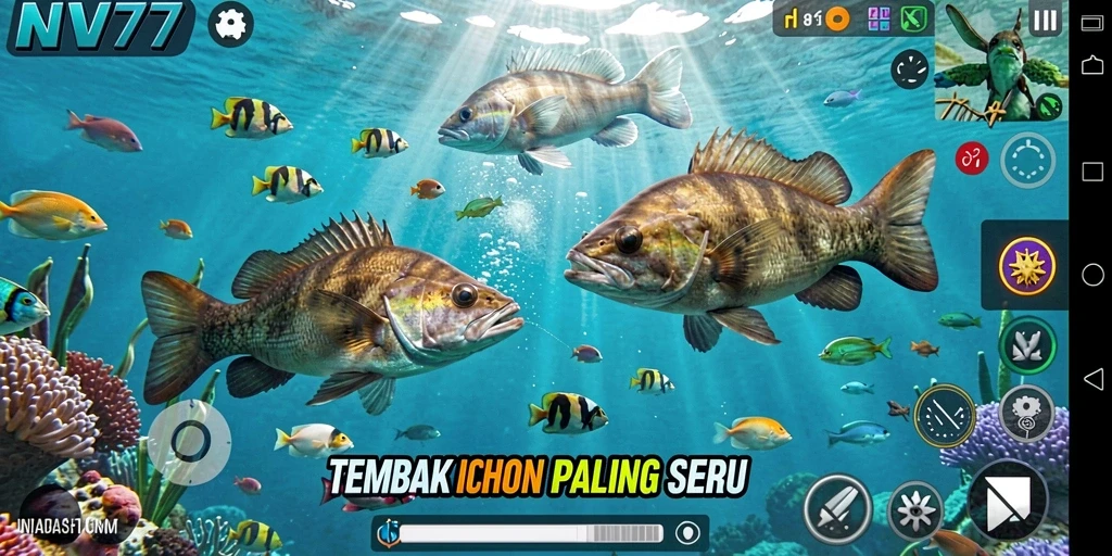 Tangkapan layar dari gameplay NV77 yang seru dengan aksi tembak ikan.